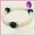 Bracelet, stretch, cultured freshwater pearl and green agate ,white, 6-7mm potato, 7 inch.